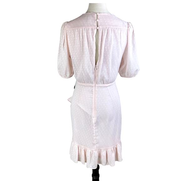 Express NWT Blush Pink Swiss Dot Puff Sleeve Asymmetrical Ruffle Mini Dress - Picture 3 of 12